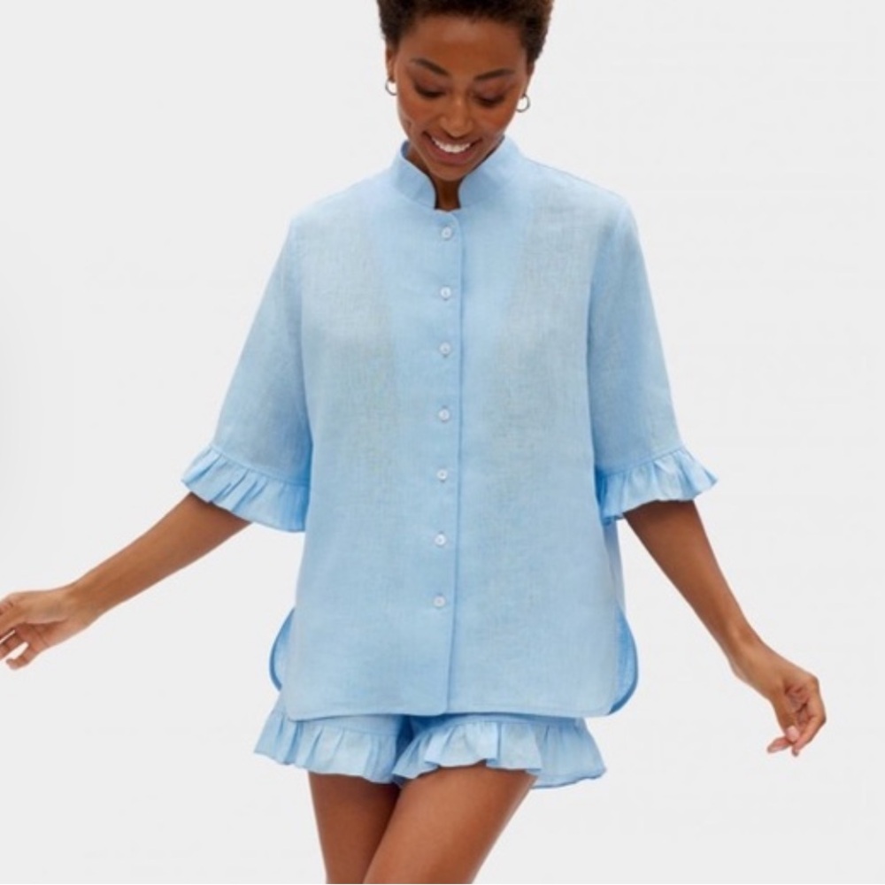Sleeper light Blue linen Ruffle Sleeve Women's Top and shorts set